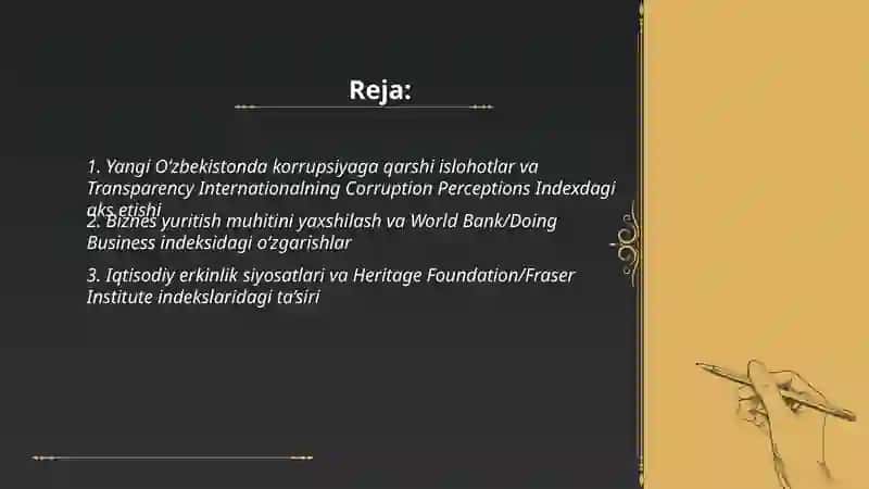 Yangi O‘zbekistonda ijtimoiy, siyosiy, itisodiy va madaniy hayotda ro‘y berayotgan o‘zgarishlarning xalqaro reyting va indekslarda ask etishi 2