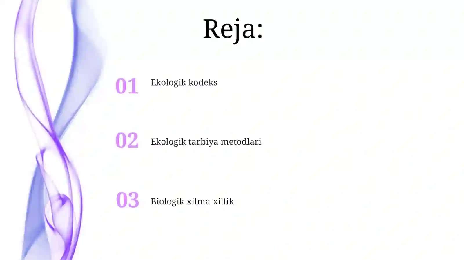 O‘zbRes Ekologik kodeksi Ekologik tarbiya boshlang‘ich ta’lim metodlari Biologik xilma-xillikning nazariyasoslari 2