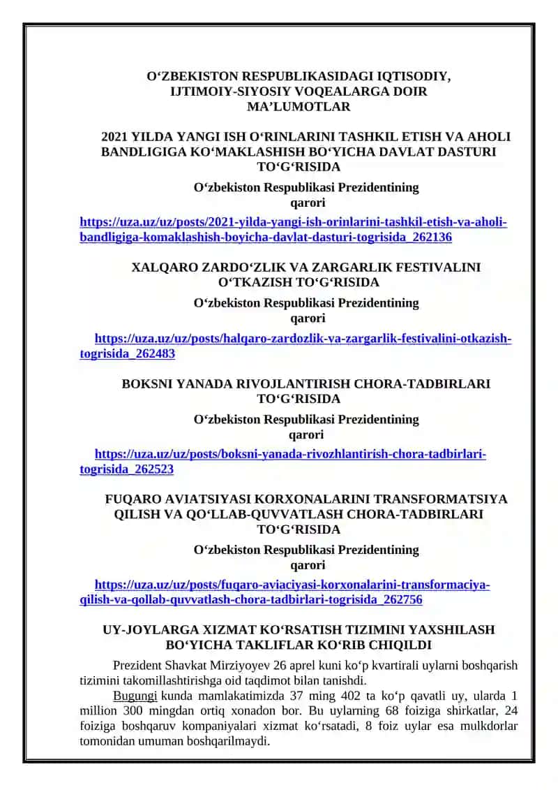 O‘ZBEKISTON RESPUBLIKASIDAGI IQTISODIY, IJTIMOIY-SIYOSIY VOQEALARGA DOIR MA’LUMOTLAR 2