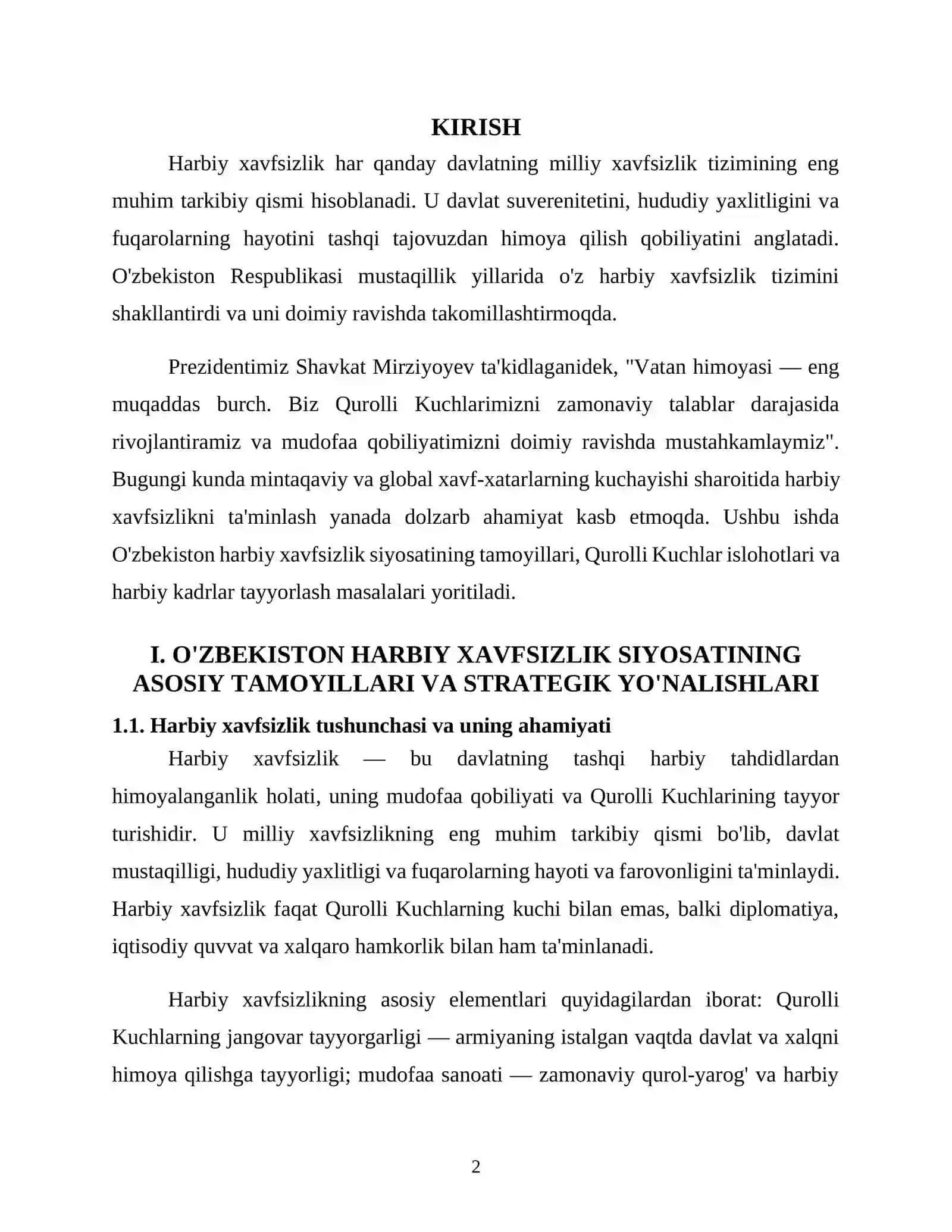 O'ZBEKISTON RESPUBLIKASI HARBIY XAVFSIZLIGINI TA'MINLASH MASALALARI 2