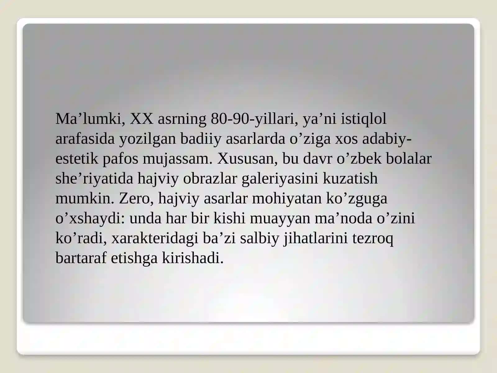 80-yillar o’zbek bolalar she’riyatida realistik hajviy obraz yaratish usullari 2