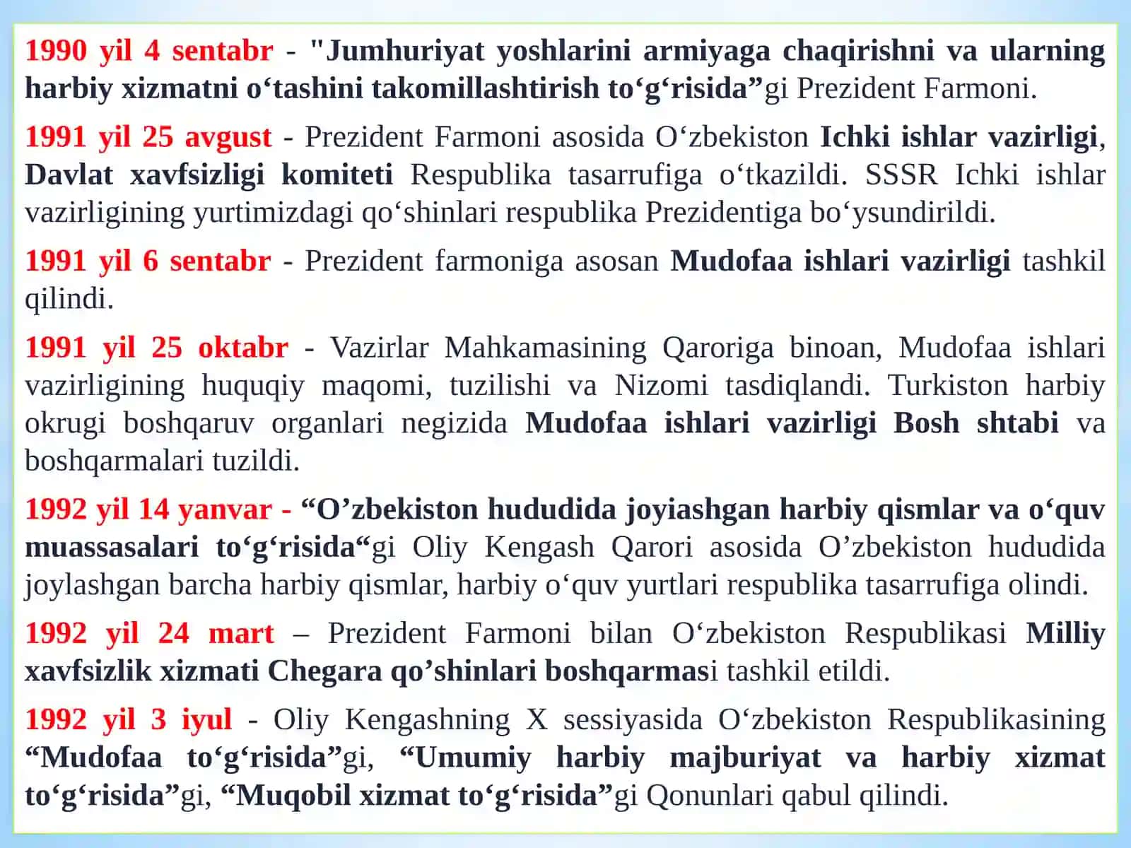 O‘zbekiston Respublikasi qurolli kuchlari amalga oshirilgan islohotlar 2
