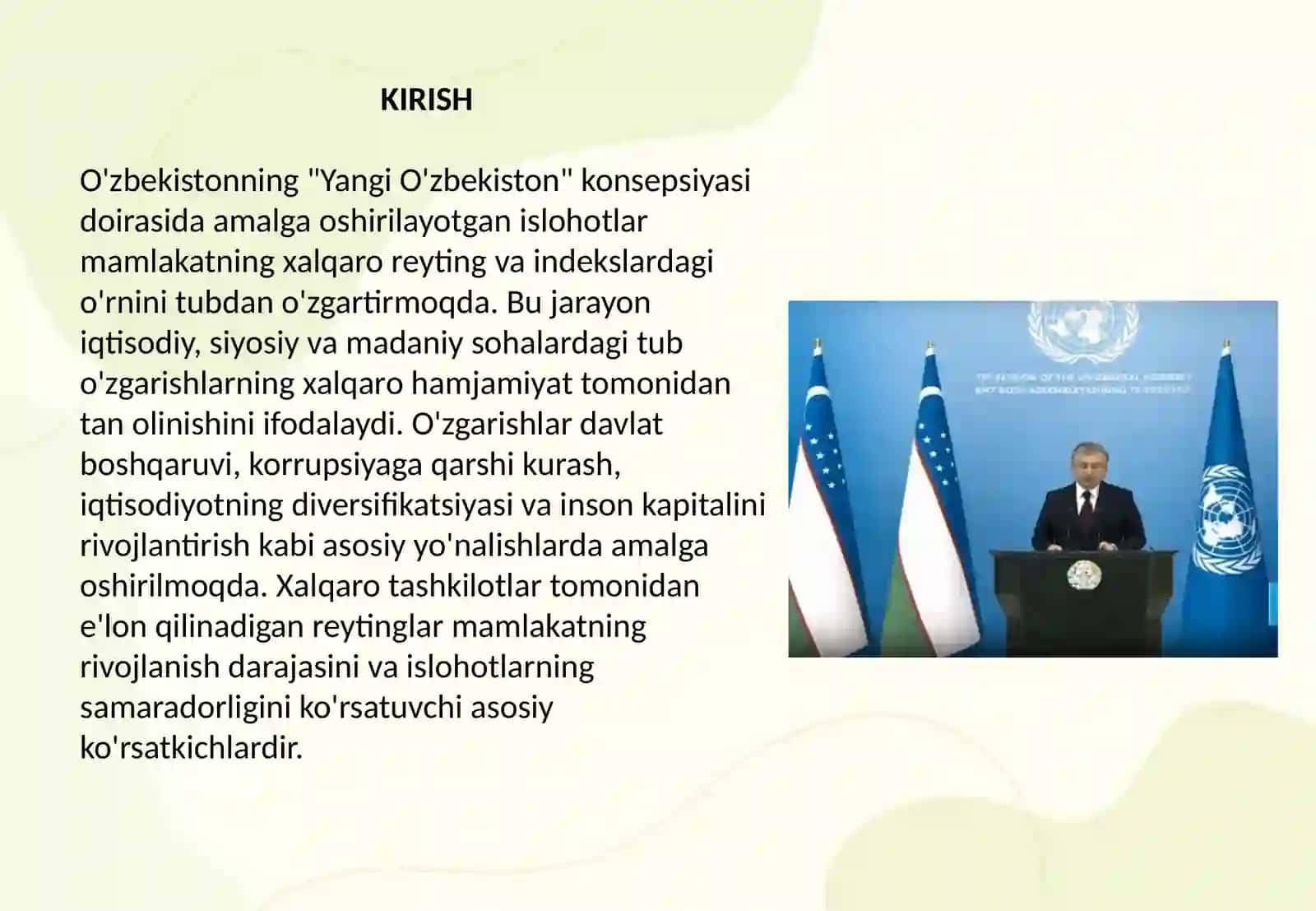 Yangi O'zbekiston ijtimoiy-siyosiy, iqtisodiy va madaniy hayotida ro'y berayotgan o'zgarishlarning xalqaro reyting va indekslarda aks etishi 2
