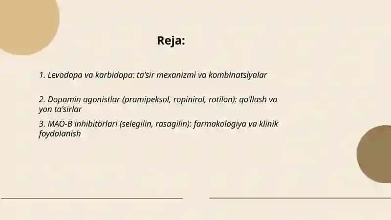 Parkinson kasalligini davolashda ishlatiladigan dori vositalari 2