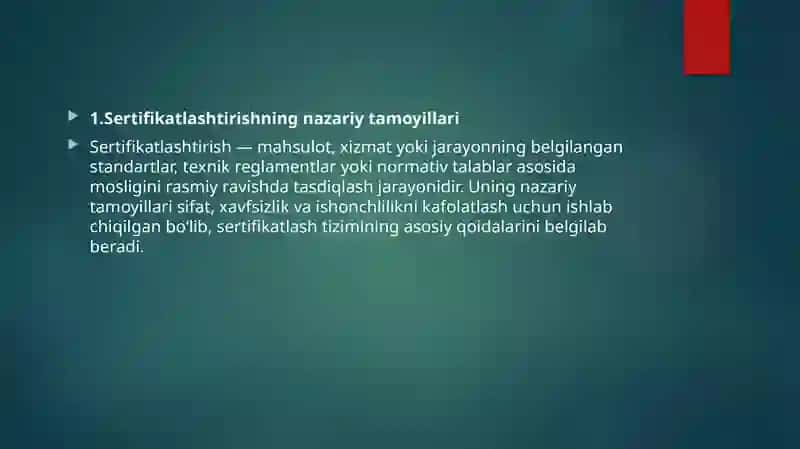 Yo’l qurlish mahsulotlarni sertifikatlashtirishning tamoyilari va asosiy masalalari 2