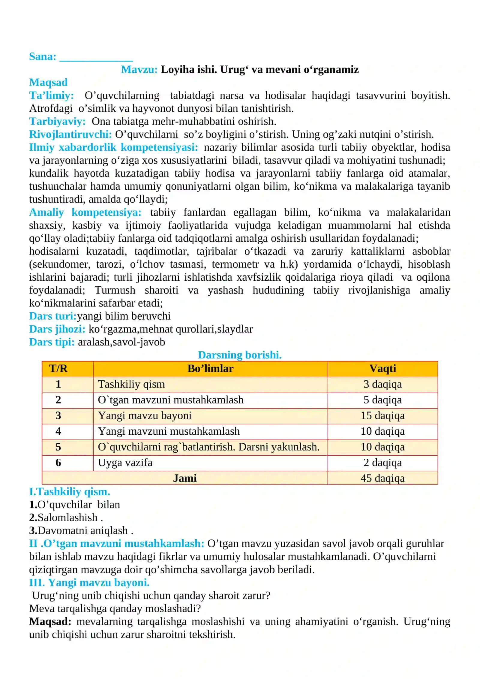 3-sinf Tabiiy fan (Science) Urug' va mevani o'rganamiz mavzusida dars ishlanma 2