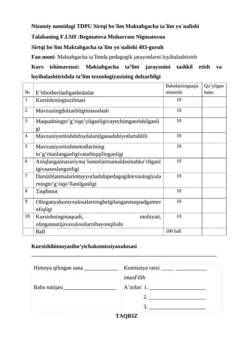 Maktabgacha ta’lim jarayonini tashkil etish va loyihalashtirishda ta’lim texnologiyasining dolzarbligi Kurs ishi 2