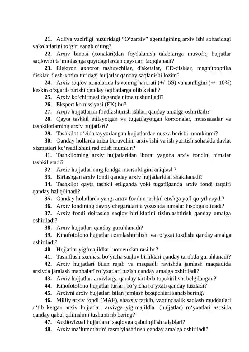 Davlat arxivlari rahbar va xodimlari attestatsiyadan oʻtkazish boʻyicha savollar toʻplami 2