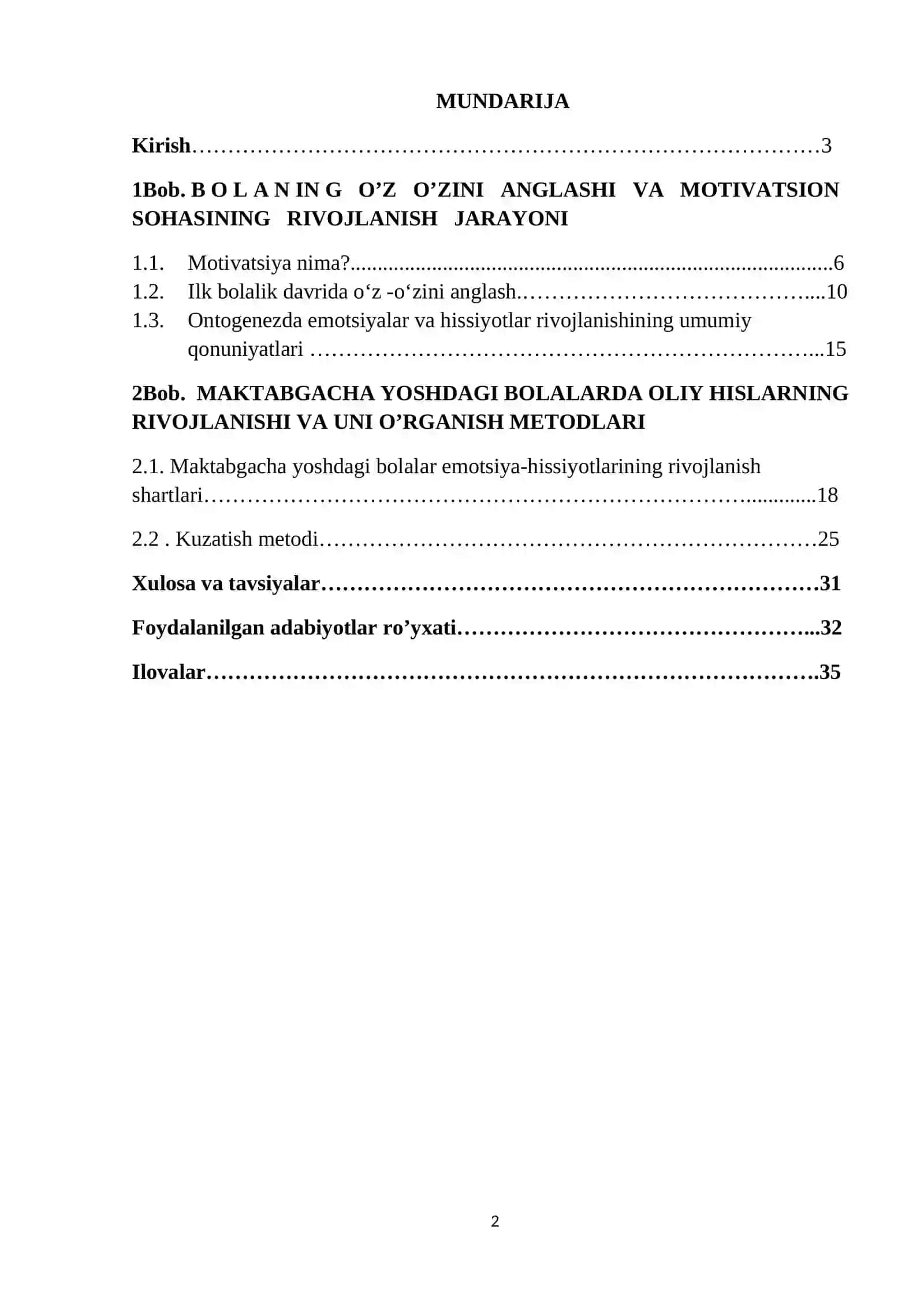 Bolaning motivatsion sohasi va psixodiagnostikasi kurs ishi 2