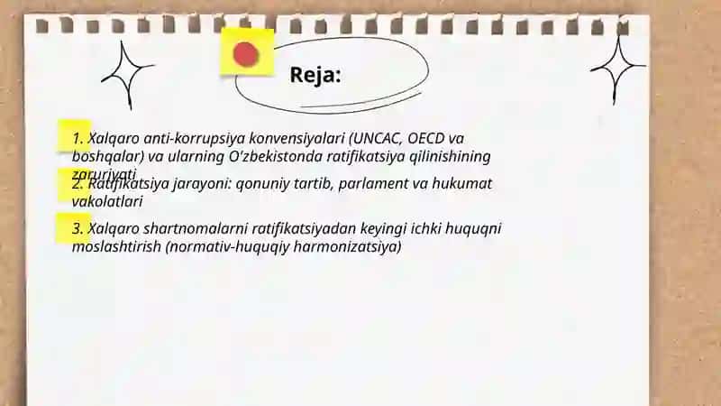 Korrupsiyaga qarshi kurash bo’yicha xalqaro qonunlar va qarorlarning O’zbekistonda ratifikatsiya qilishning ahamiyati 2