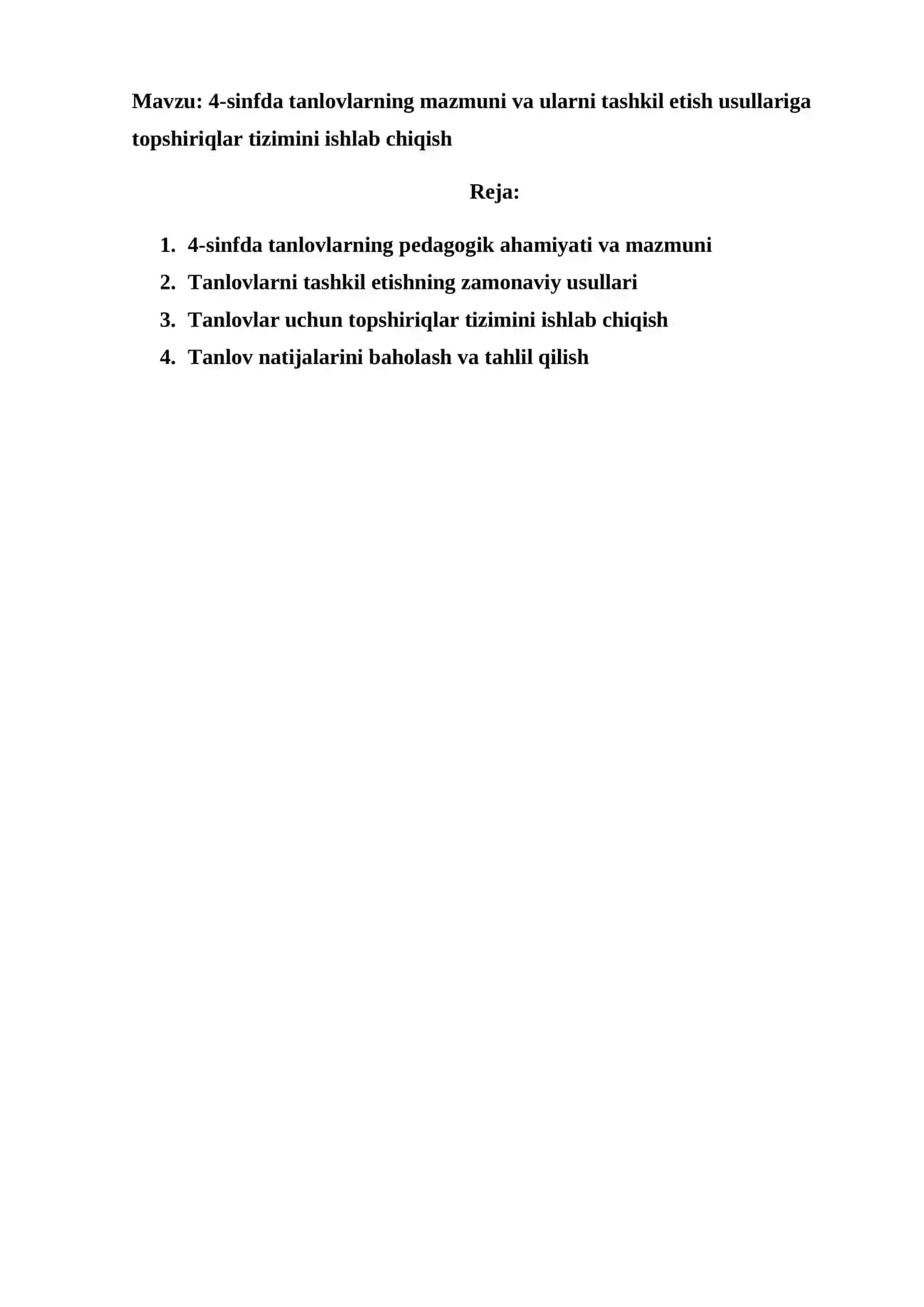 4-sinfda tanlovlarning mazmuni va ularni tashkil etish usullariga topshiriqlar tizimini ishlab chiqish 2