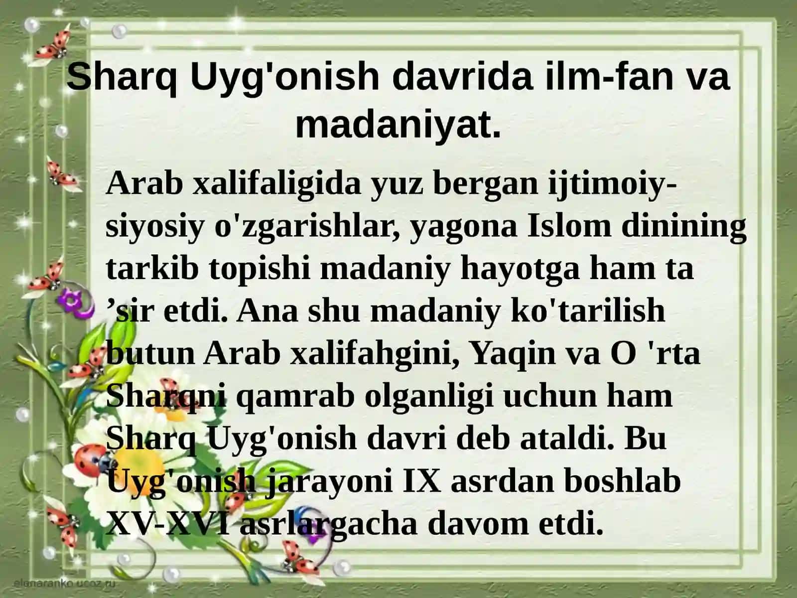 SHARQ UYG DAVRIDA PEDAGOGIK FIKRLARNING RIVOJLANISHI. SHARQ PEDAGOGIK TA’LIMOTIDA TA’LIMIY-AHLOQIY QARASHLAR 2