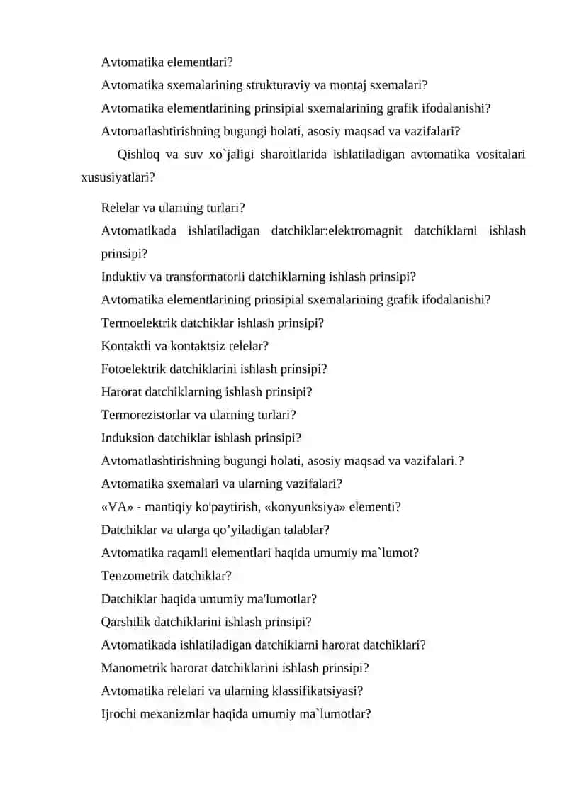“Avtomatlashtirishning texnik vositalari va raqamli avtomatika” fanidan Yakuniy nazorat (YAN) savollari 2
