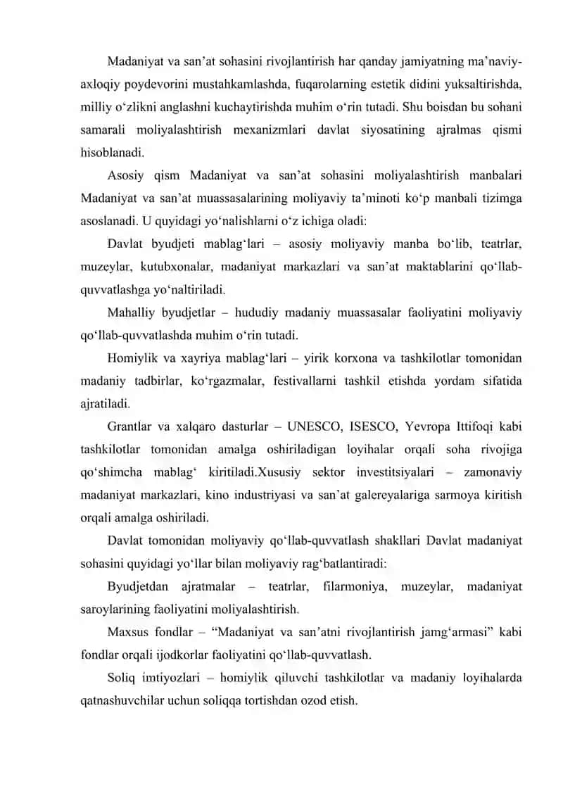 MADANIYAT VA SAN'AT SOHASINI MOLIYALASHTIRISHNING O'ZIGA XOS XUSUSIYATLARI 2