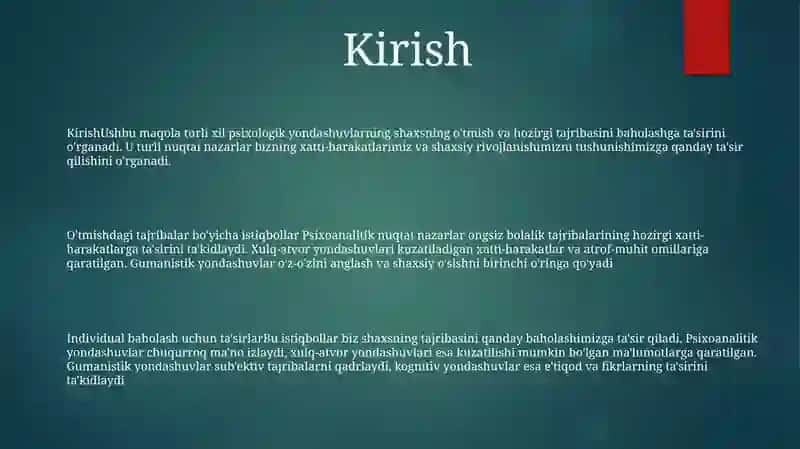 Ótmish Va Bugunning Individual Tajribasini Baholash Turli Xil Psixologik Yónalishlarga Ta'Siri 2