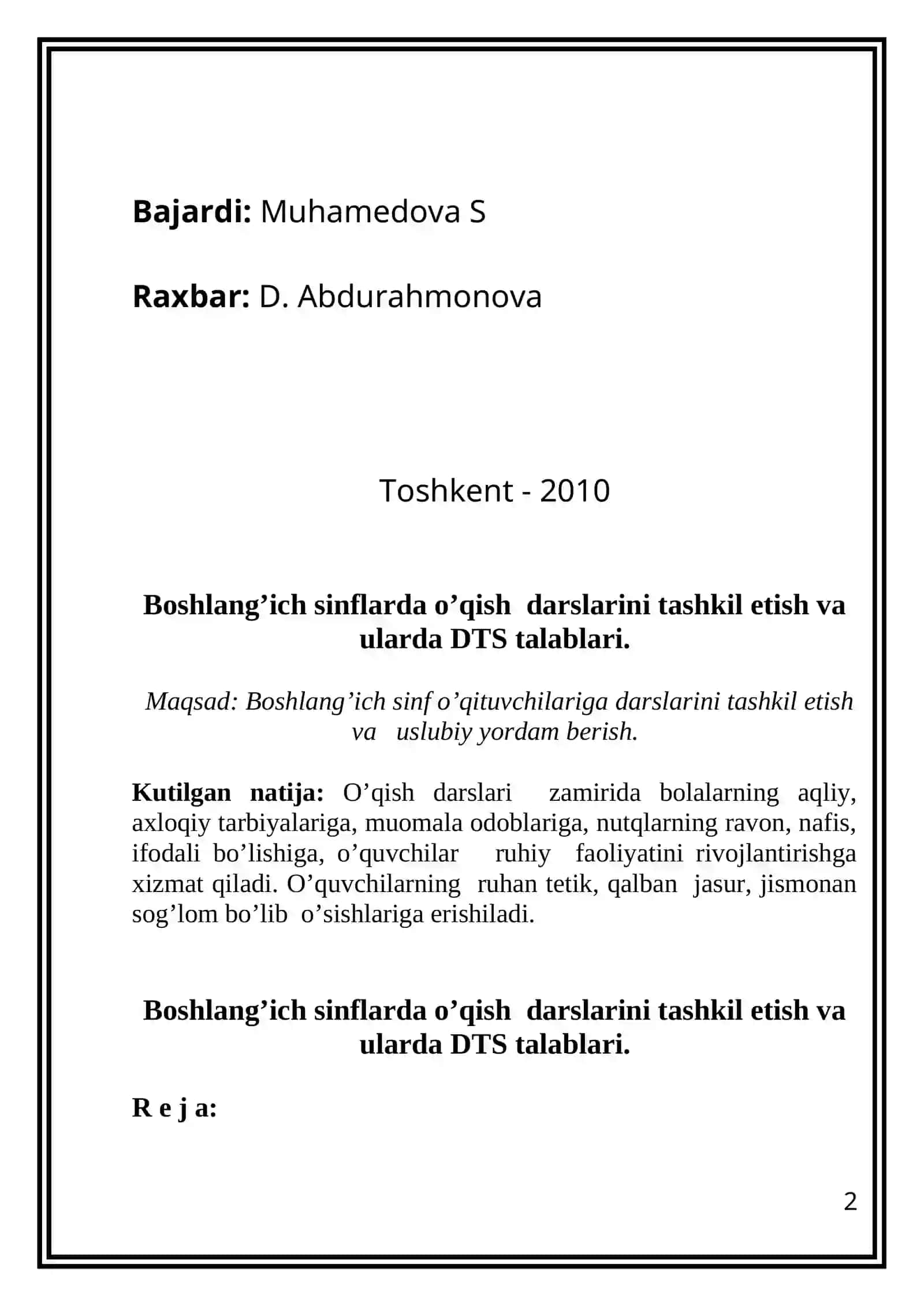 Boshlang’ich sinflarda o’qish darslarini tashkil etish va ularda DTS talablari 2