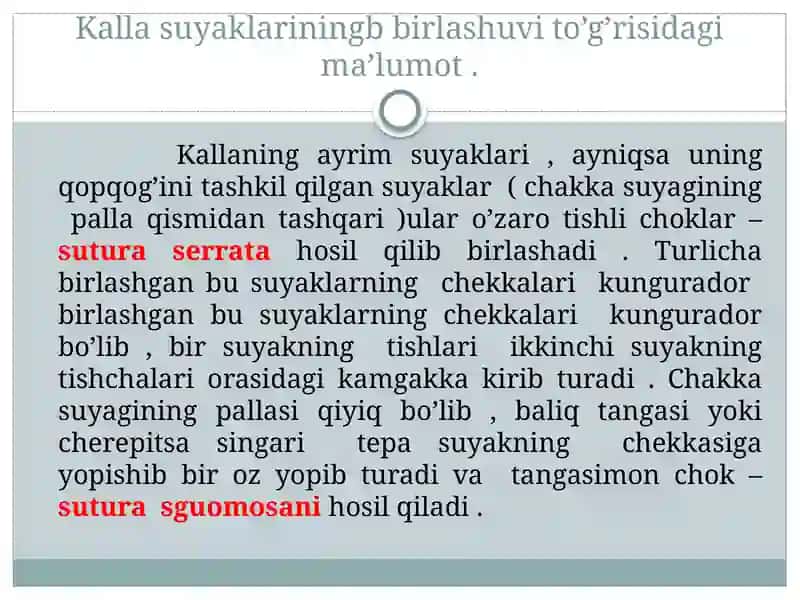 Kalla suyaklarining harakatchan va harakatsiz birikishlari .Choklar va ularning joylashuvi va hosil bo’lishi .Chakka –pastki jag’ bo’g’imi . KT, YAMR, MRT larda umumiy ko’rinish 2