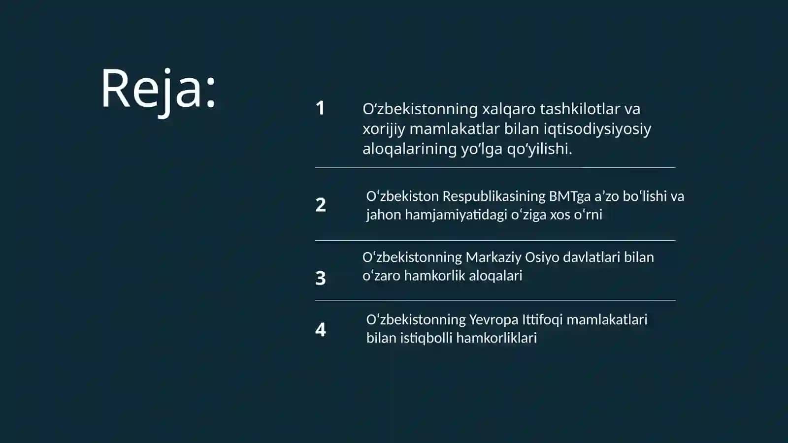 O‘zbekistontinchliksevartashqisiyosativauningjahonhamjamiyatitomonidantanolinishi 2