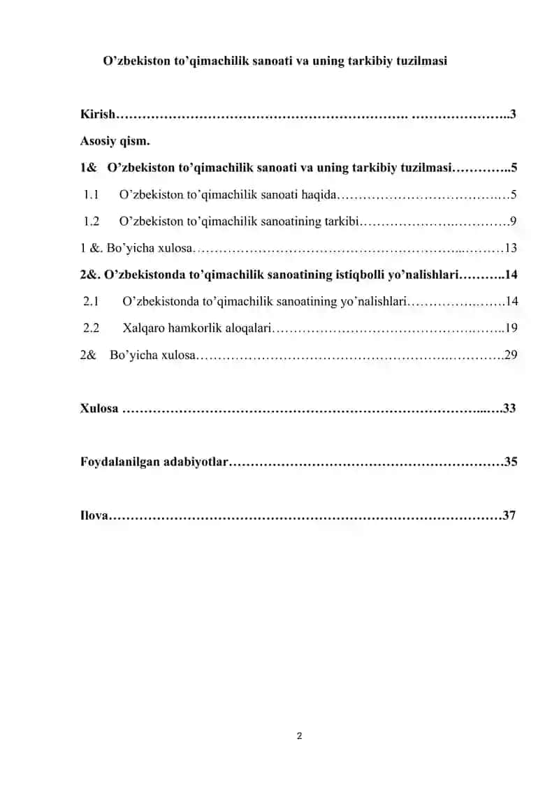 O’zbekiston to’qimachilik sanoati va uning tarkibiy tuzilmasi.Kurs ishi 2