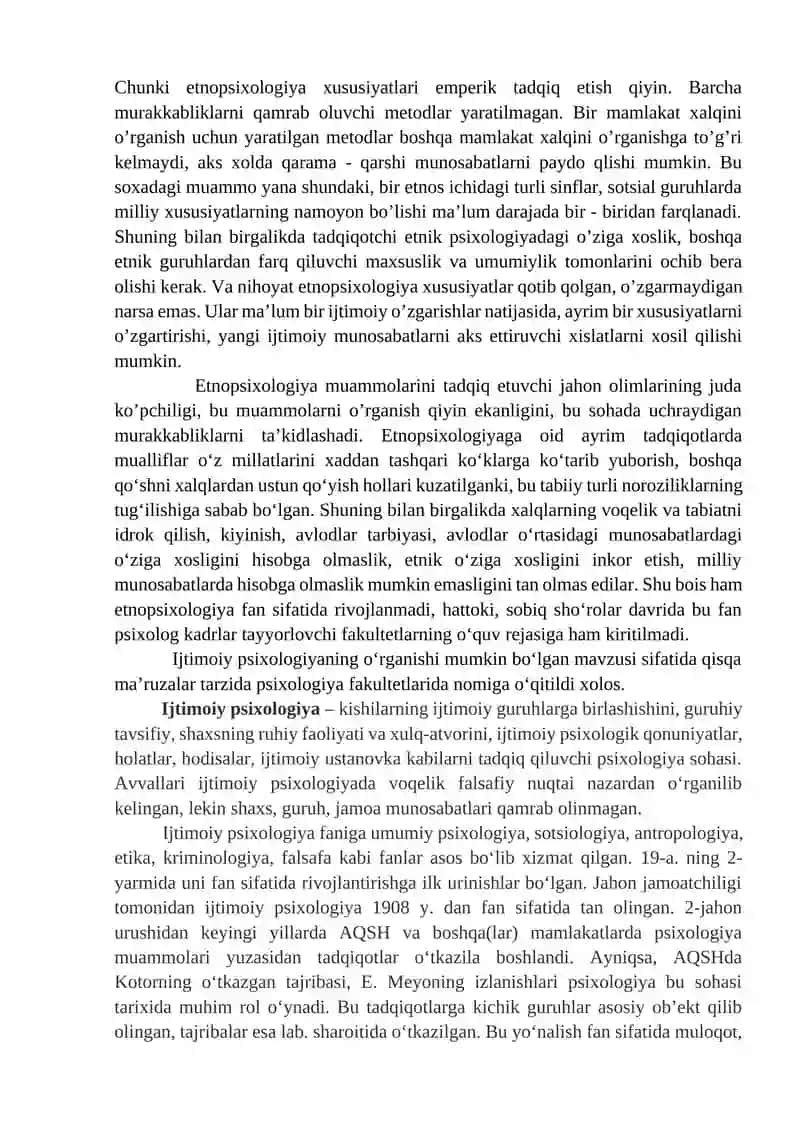 Etnopsixologiya fanining predmeti, vazifalari va metodlari. 2