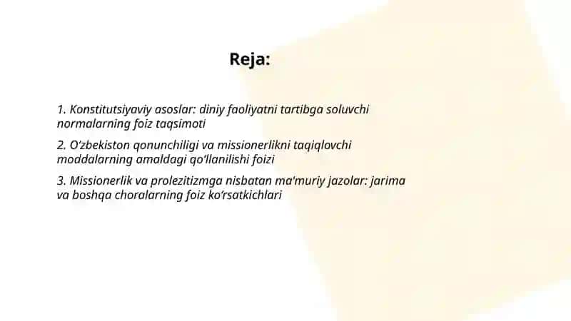 Missionerlik va prolezitizmning Õzbekistonda faoliyat kòrsatishiga taqiqlovchi qonuniy sabablar va oqibatlari (foizi) 2
