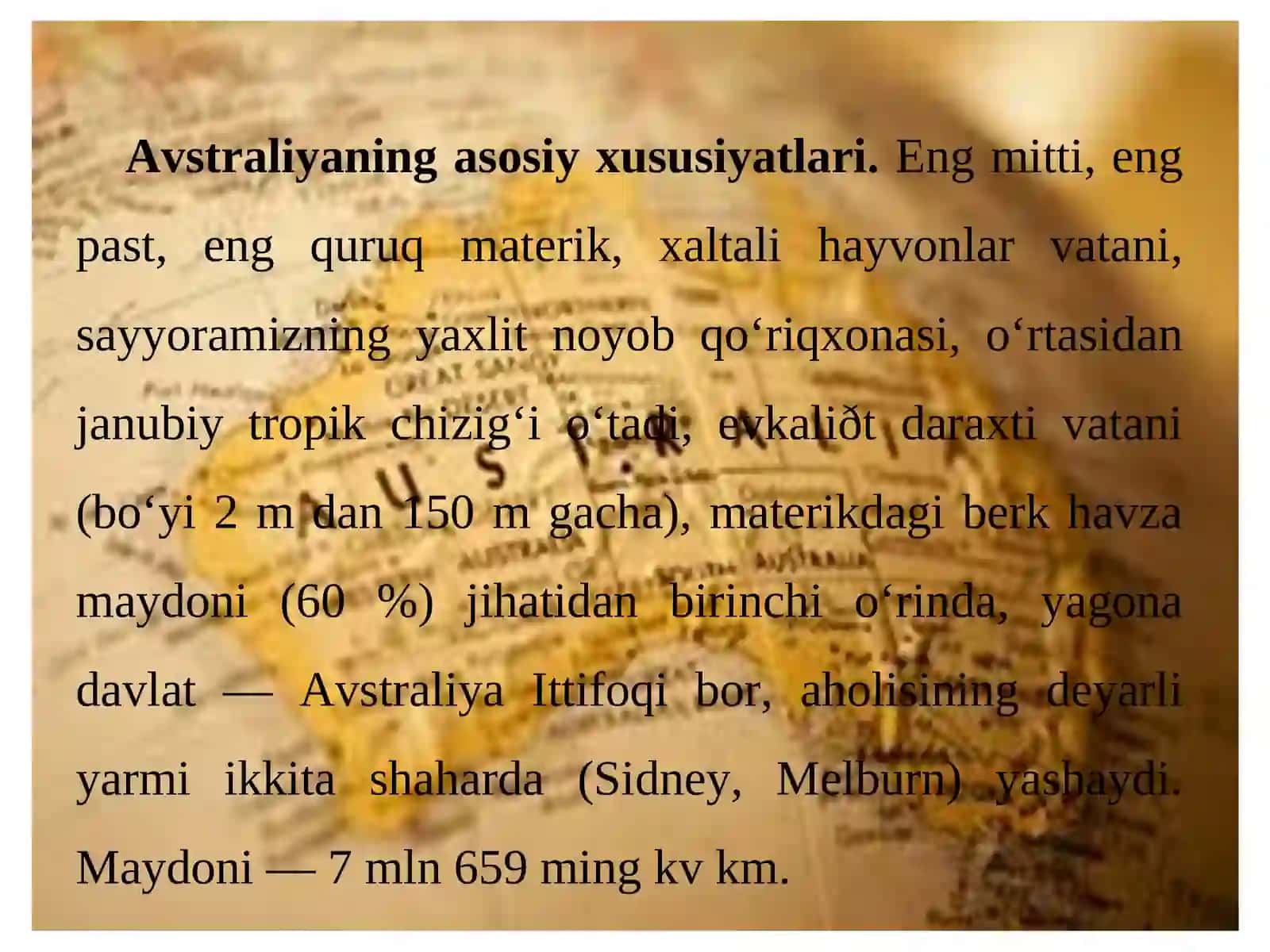 Avstraliyaning geografik o‘rni, o‘rganilish tarixi, geologik tuzilishi, foydali qazilmalari. Relyefi 2