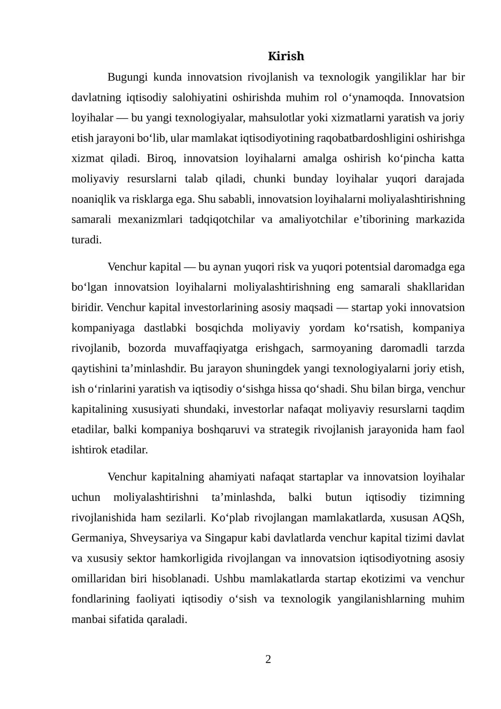 VENCHUR KAPITAL VA INNOVATSION LOYIHALARNI MOLIYALASHTIRISH 2