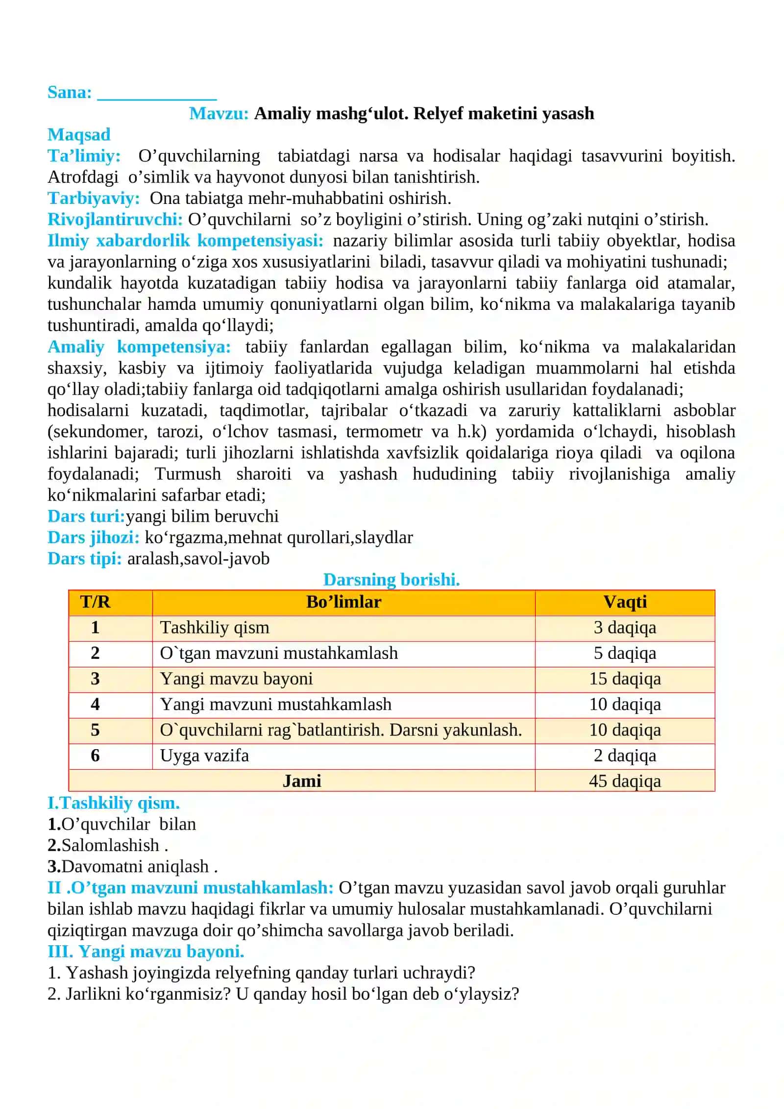 3-sinf Tabiiy fan (Science) Relyef maketini yasash mavzusida dars ishlanma 2