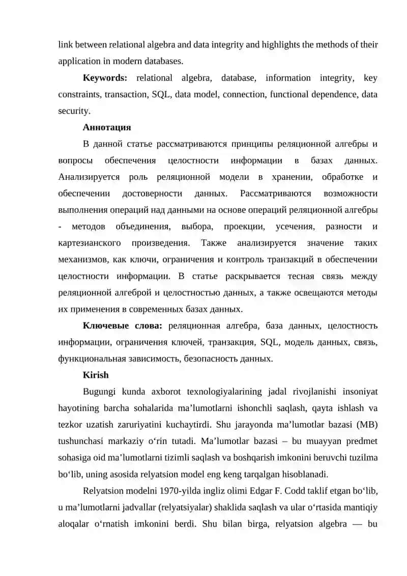 Relyatsion algebra va maʼlumotlar bazasida axborot yaxlitligi 2