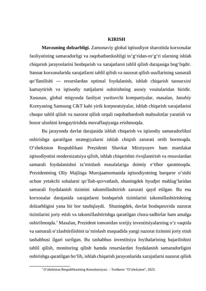 SAMSUNG C&T KOMPANIYASI MISOLIDA ISHLAB CHIQARISH XARAJATLARINI TAHLIL QILISH VA NAZORAT QILISH AMALIYOTI 2