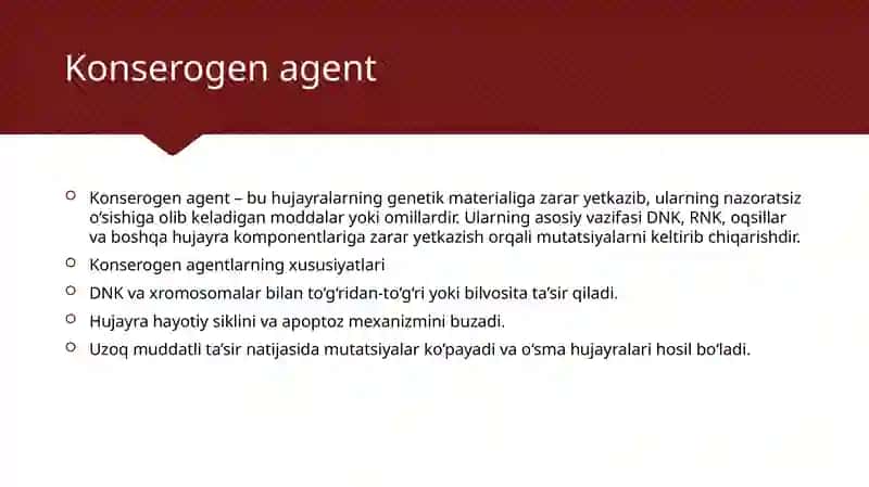 Konserogen agentlar va ularning hujayralar bilan ozaro tasiri. O’sma immuniteti 2