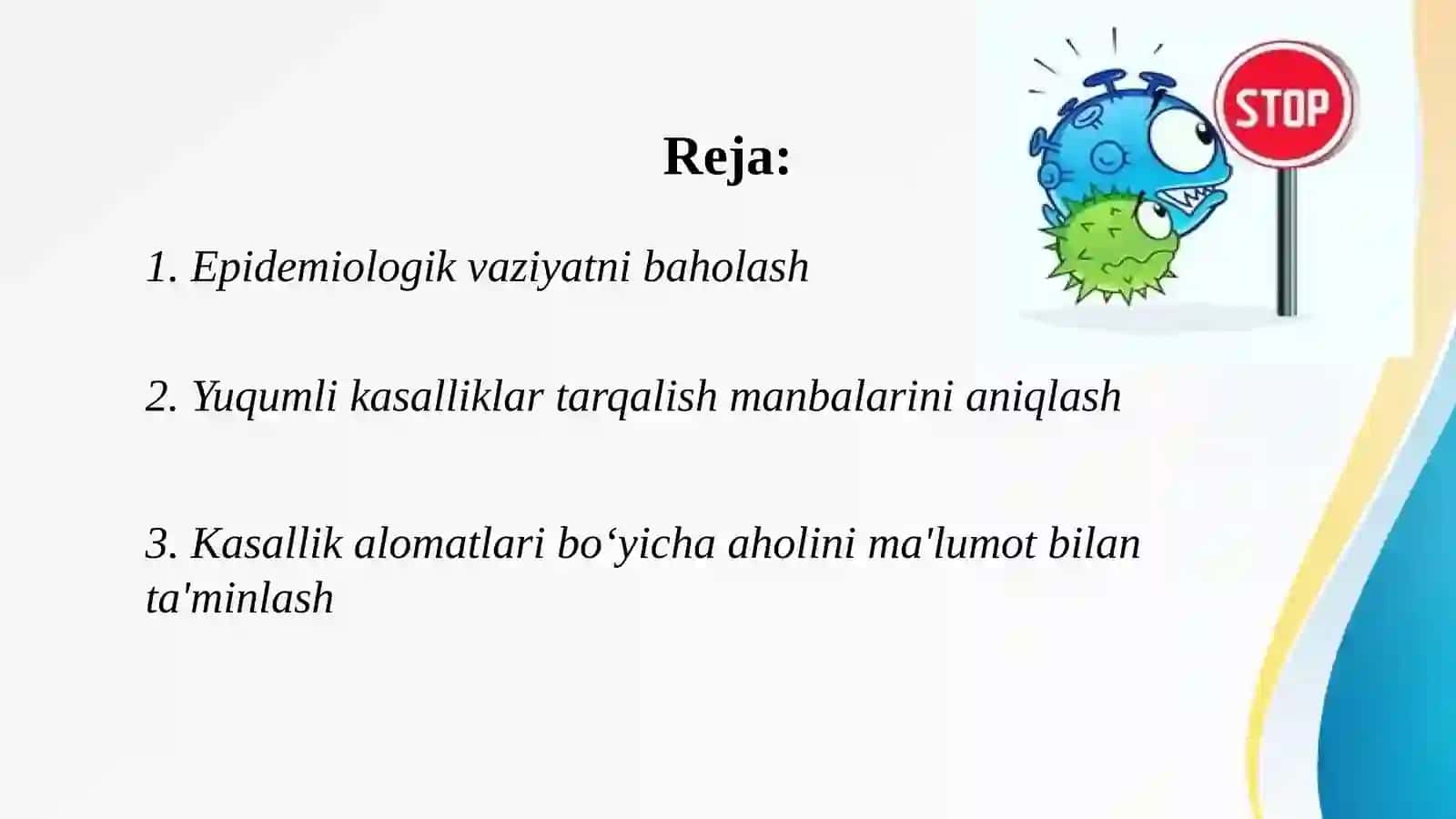 Yuqumli kasalliklarni chegaralab (cheklab) qo'yish (lokalizatsiyasi) va bartaraf (likvidasiya) etish bo'yicha chora tadbirlar majmui (kompleks) rejasini tuzish 2