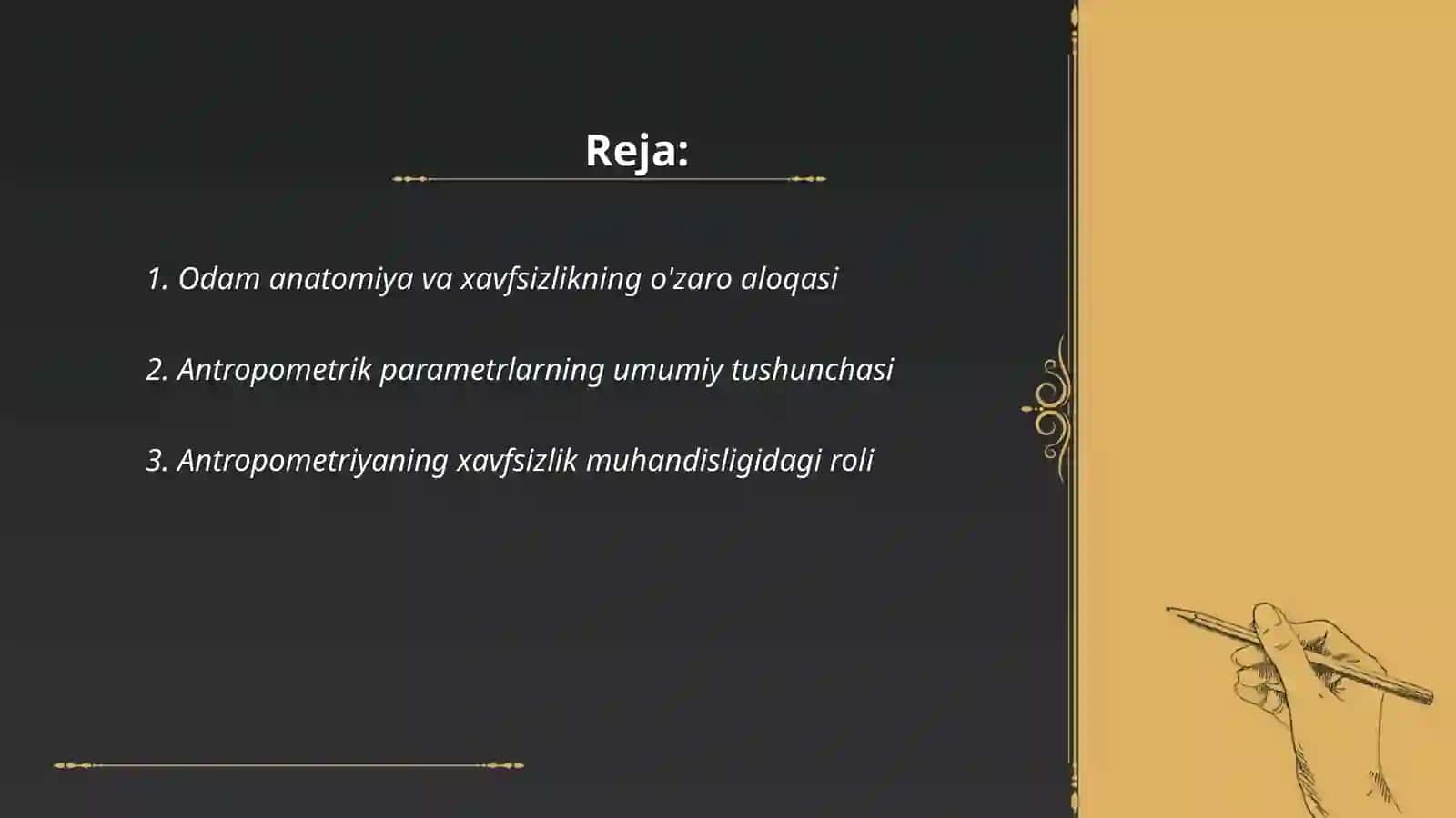 Odam anatomiyasining (antropometrik parametrlarning) xavfsizlikni taʼminlashdagi ahamiyati 2
