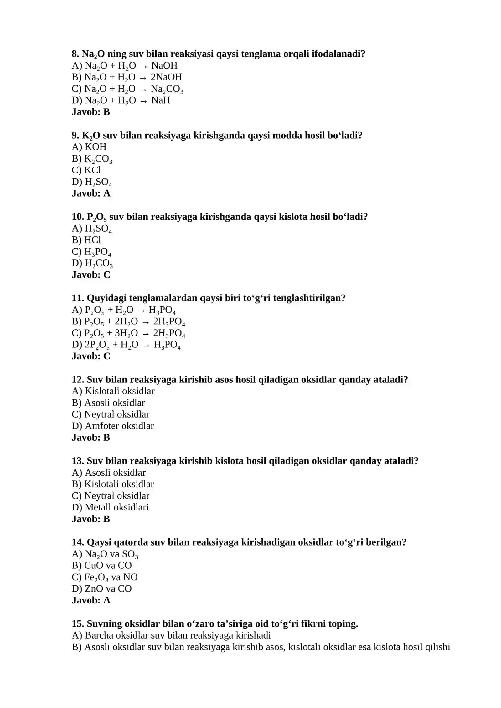 Suvning oksidlar bilan o‘zaro ta’siri — 15 ta test 2