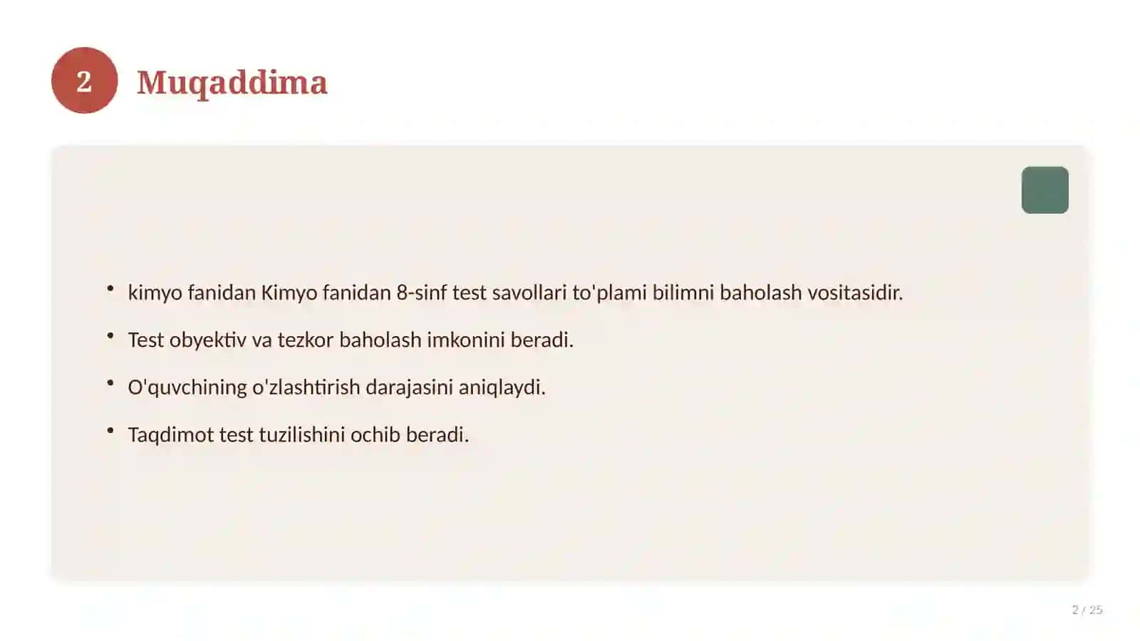 Kimyo fanidan 8-sinf test savollari to'plami 2