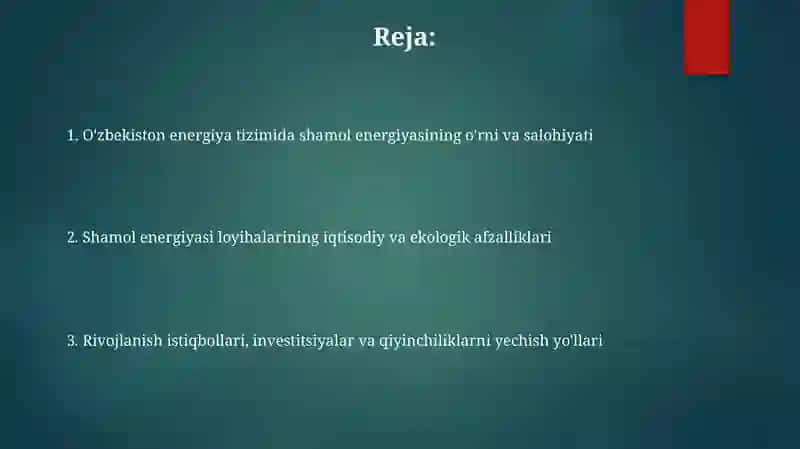 Shamol energetikasining Oʻzbekiston energotizimidagi axamiyati 2