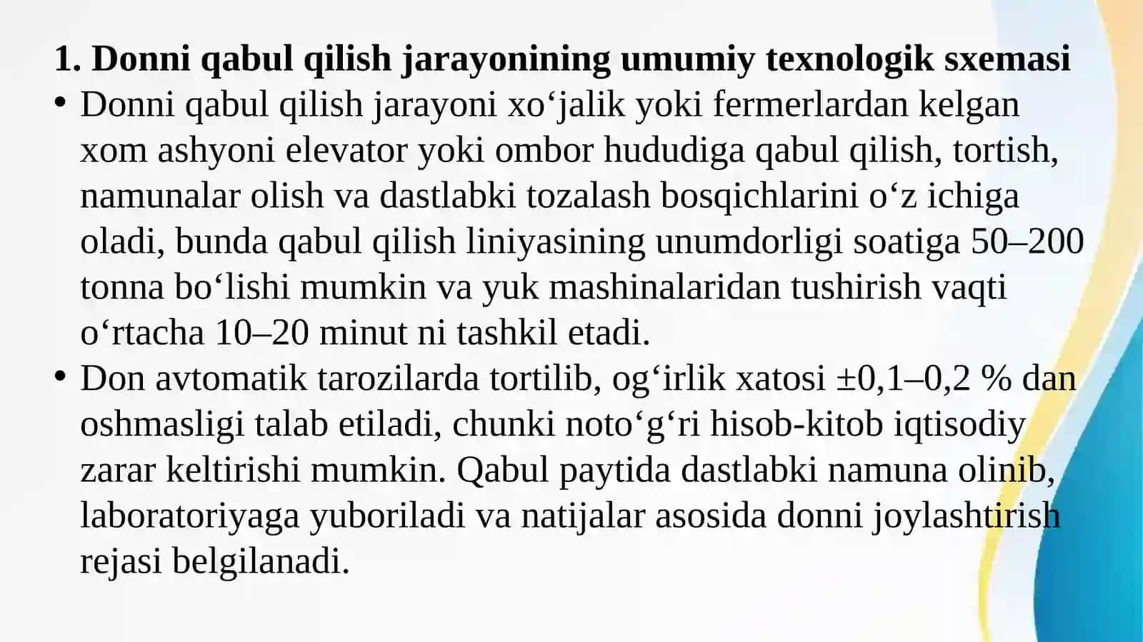 Don qabul qilish, sifat ko‘rsatkichlari bo‘yicha joylashtirish va saqlashni tashkil qilishning texnologik qoidalari 2
