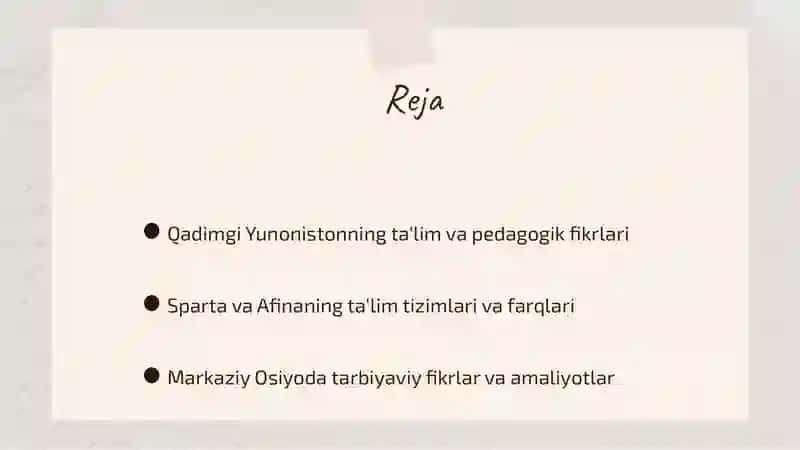 Qadimgi Yunoniston, Sparta va Afinada, Markaziy Osiyoda talim va pedagogik fikrlar 2