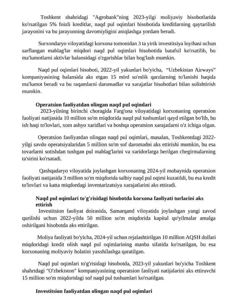 Pul oqimlari to'g'risidagi hisobotda korxona faoliyati turlarining aks etirilishi 2