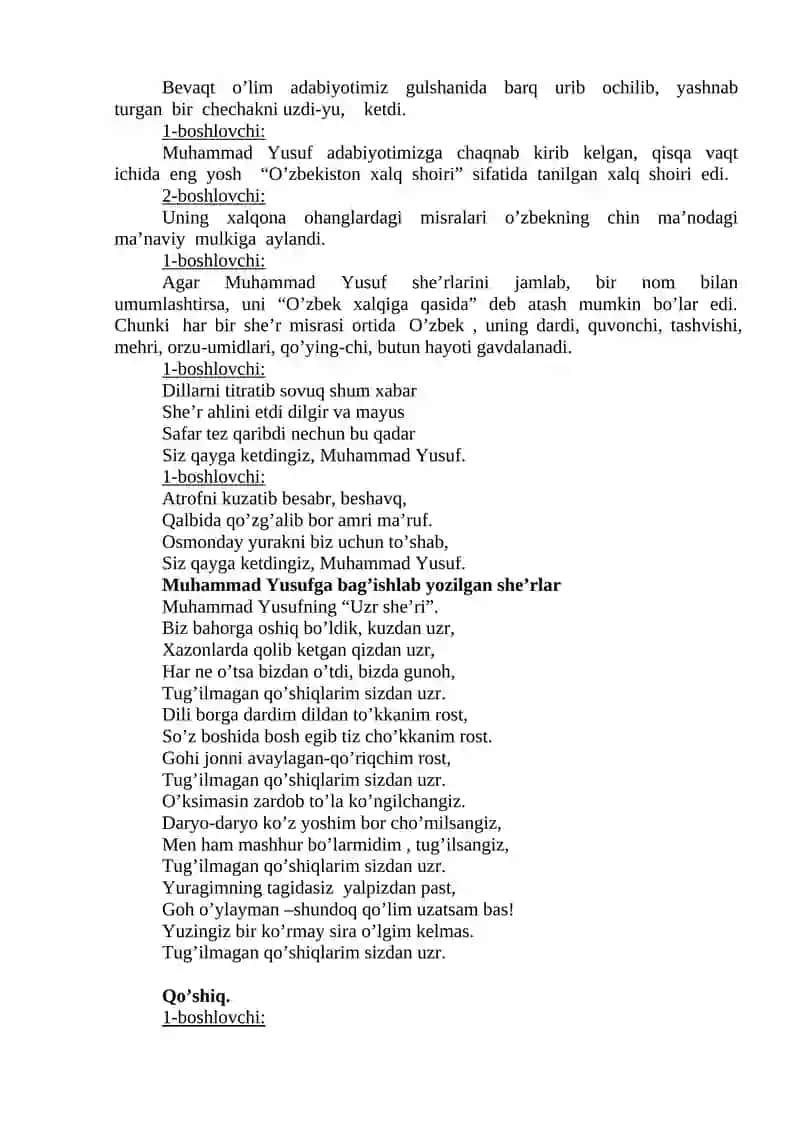Muhammad Yusuf – el ardog’idagi shoir. Tadbir ssenariysi 2