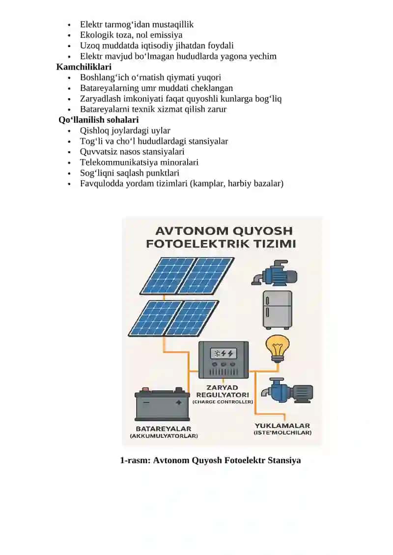 AVTONOM QUYOSH FOTOELEKTRIK QURILMALARI VA STANTSIYALARI (GRID OFF) O‘RGANISH 2