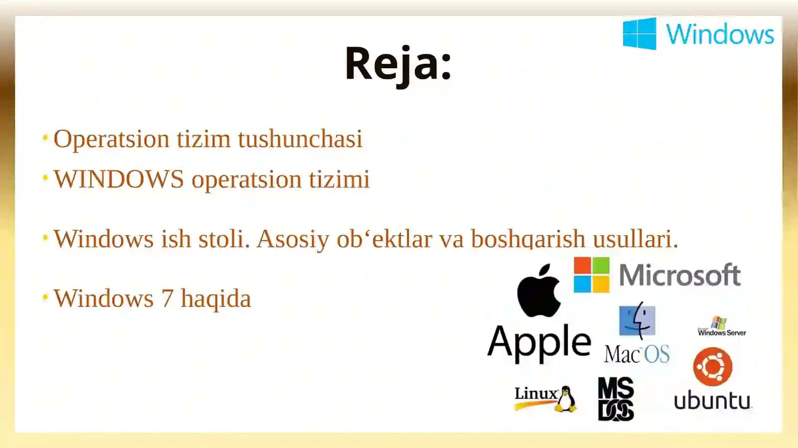 Kompyuterlarning operatsion tizimlari. Windows OT 2