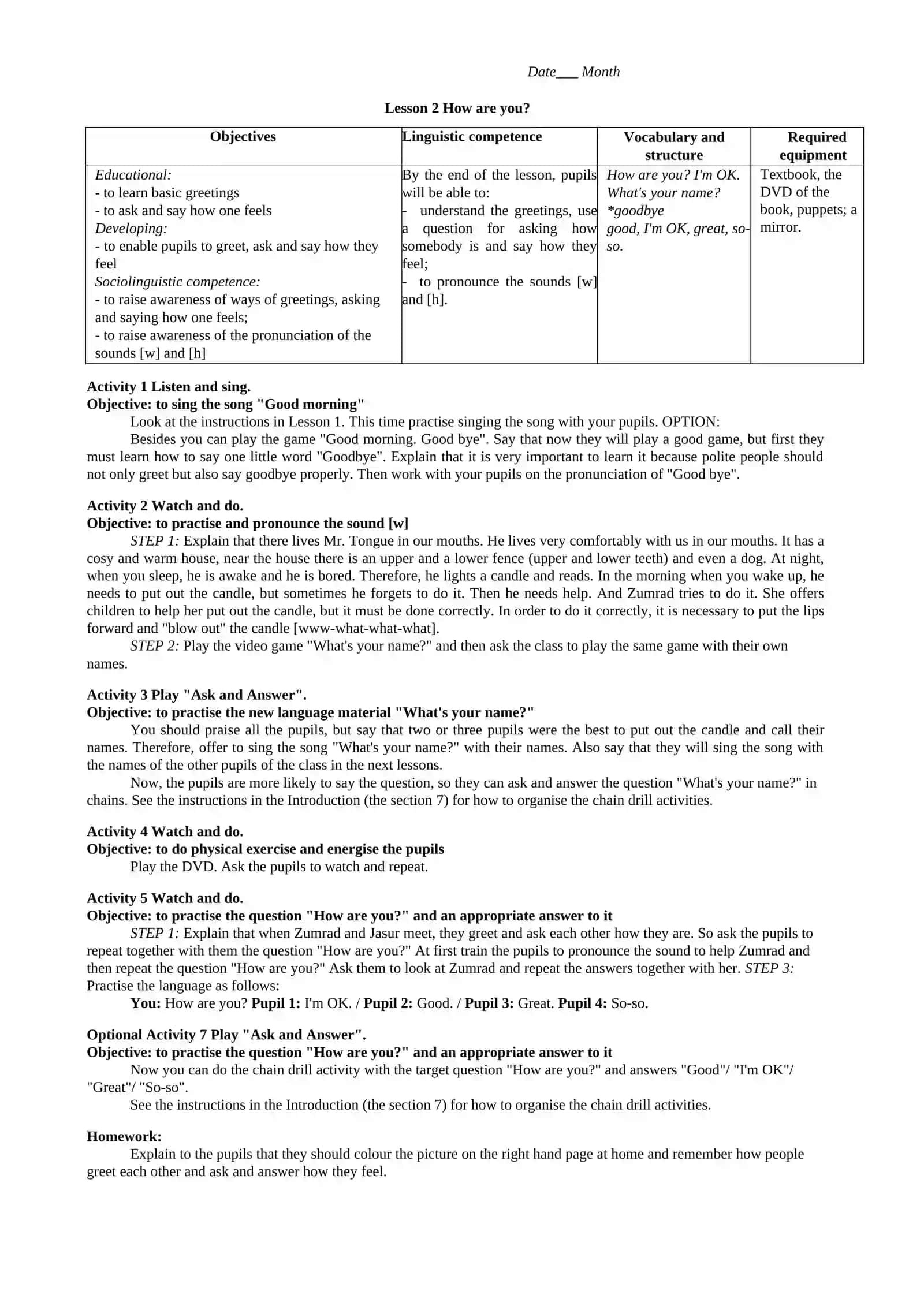 Grade 1 Date Month 2