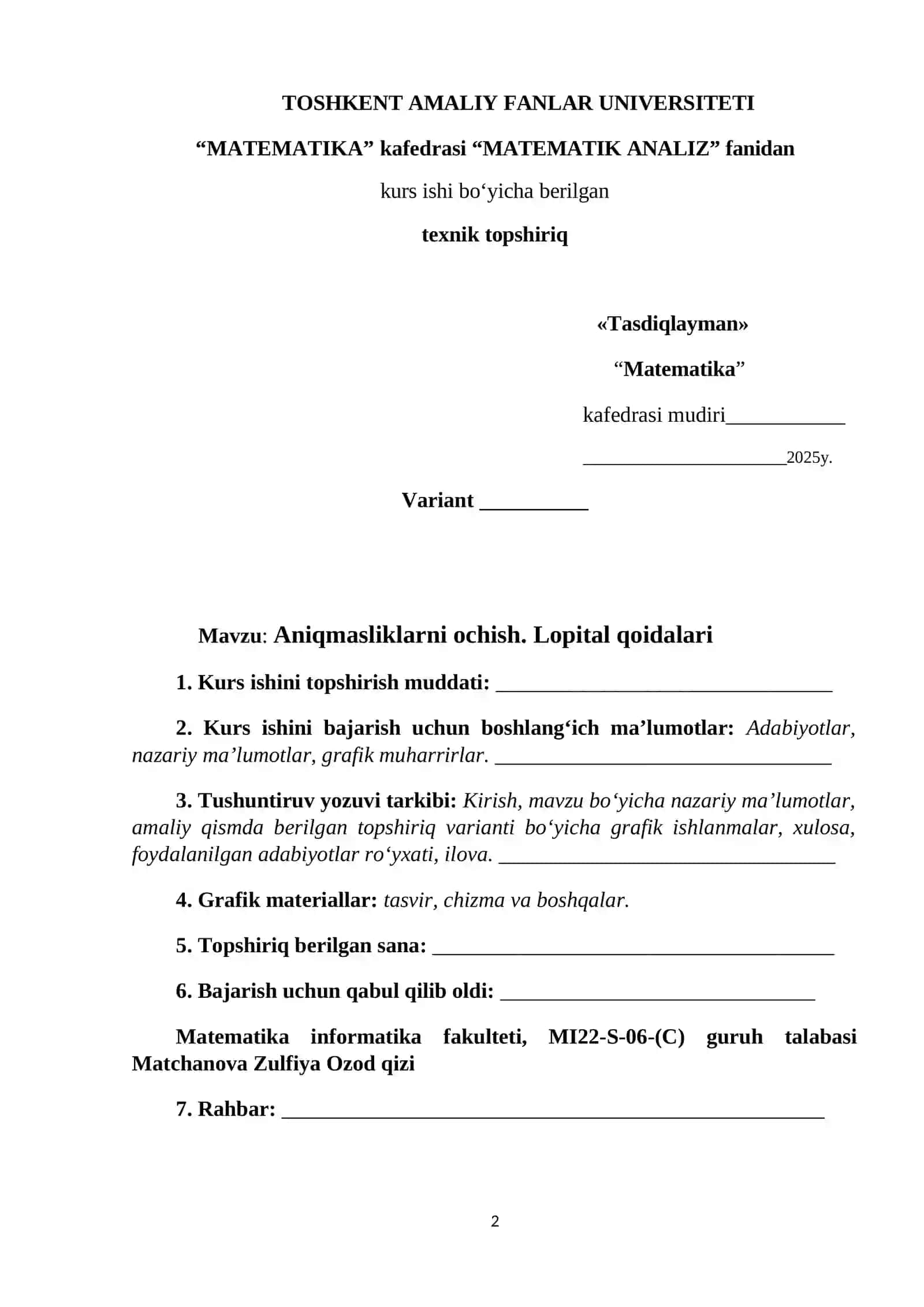 Aniqmaslikni ochish. Lopital qoidalari 2