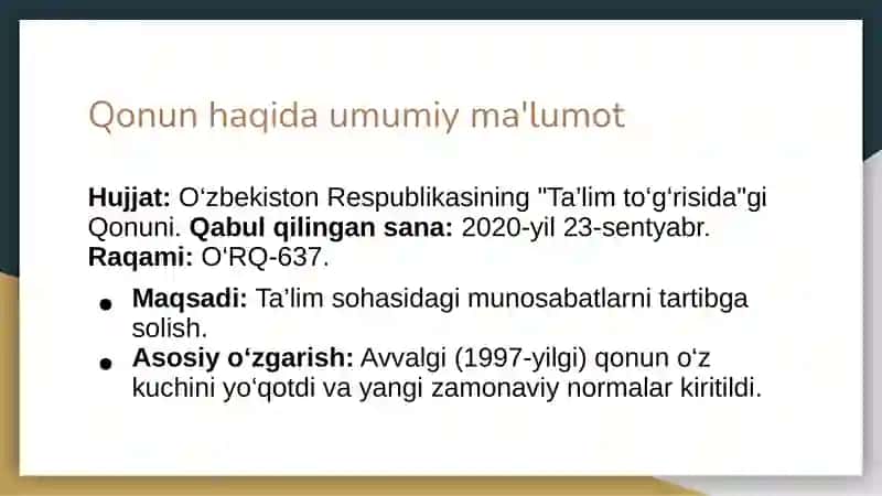 O’zbekiston Respublikasi ta’lim to’g’risidagi qonuni prinsiplari va ta’lim olish huquqi,ta'lim olish turlari hamda shakllari 2