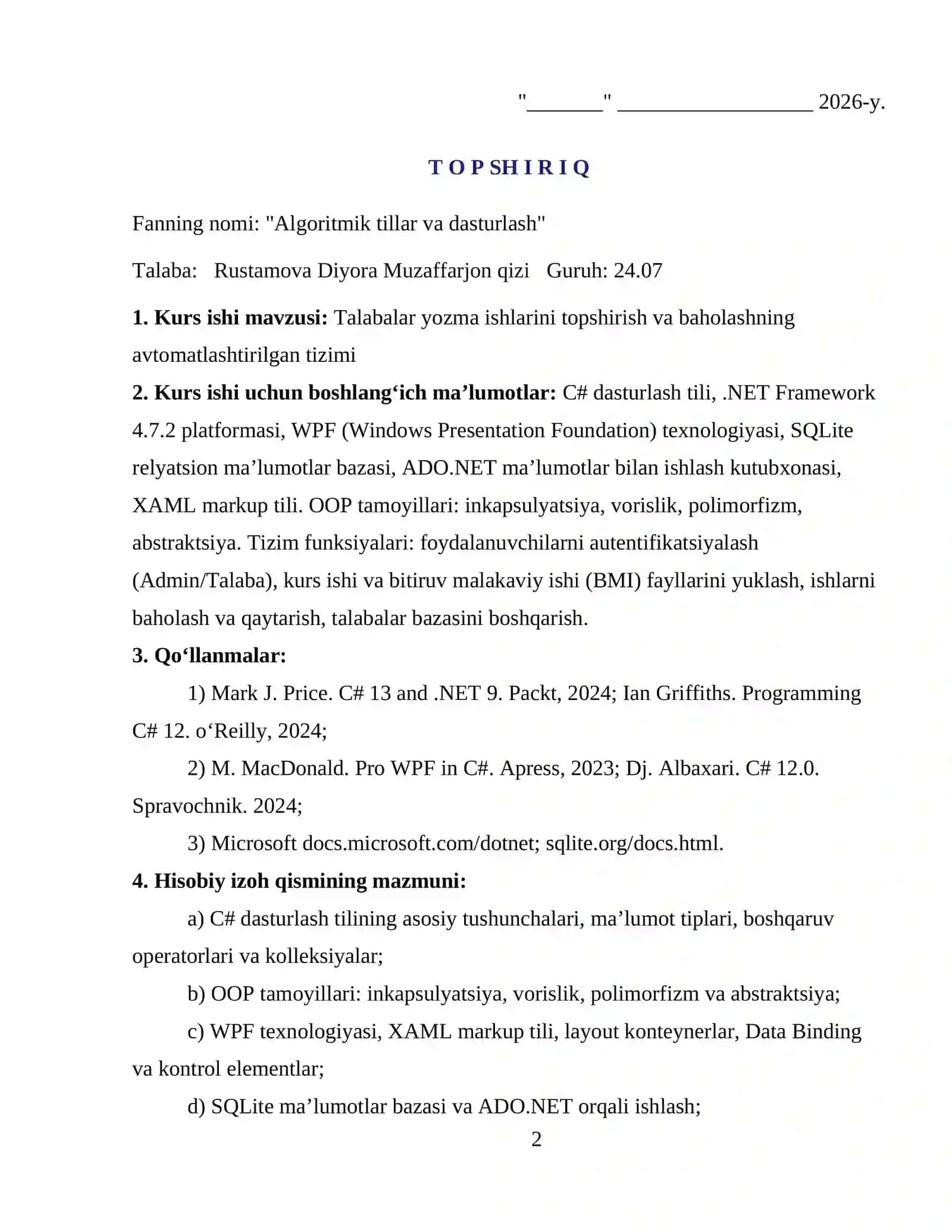Talabalar kurs ishi va BMI larini ro‘yxatga olish tizimi 2