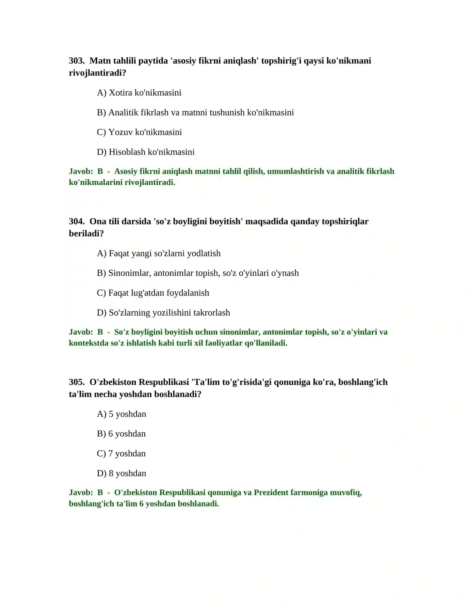BOSHLANG'ICH TA'LIM O'QITUVCHISI TEST SINOVLARI 2