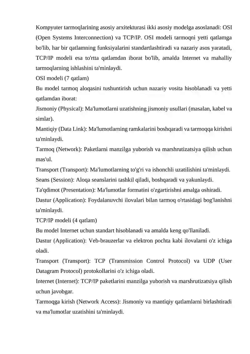 Kompyuter Tarmoqlarining Asosiy Arxitektura Modellari (OSI va TCP/IP) 2