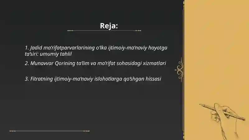 Jadid ma’rifatparvarlarining o‘lka ijtimoiy-ma’naviy hayotida tutgan o‘rni (Munavvar Qori, Fitrat, Behbudiy, Avloniy va boshq.) 2