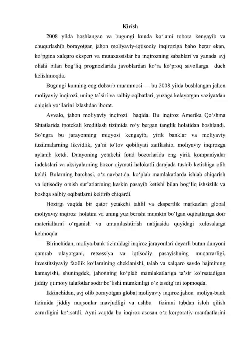 JAHON MOLIYAVIY-IQTISODIY INQIROZI, O‘ZBEKISTON SHAROITIDA UNI BARTARAF ETISHNING YO‘LLARI VA CHORALARI. 2